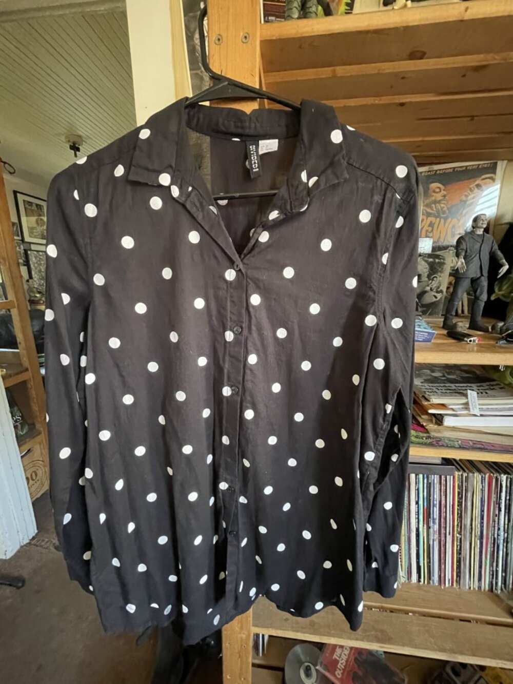 Polka Dot Long Sleeve Men Button Up Shirt, Black White Print, SIZE M